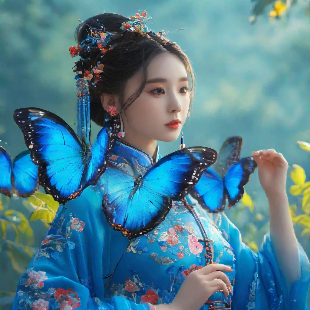 (masterpiece, best quality:1.2), extremely detailed CG, ultra-detailed. 1girl, full body, beauty girl, wearing a neonblue butterfly image chinesestyledress