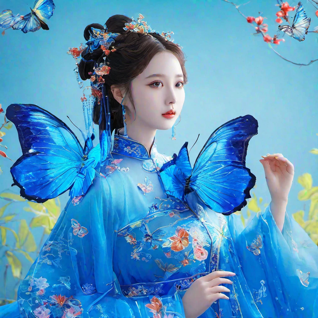 (masterpiece, best quality:1.2), extremely detailed CG, ultra-detailed. 1girl, full body, beauty girl, wearing a neonblue butterfly image chinesestyledress
