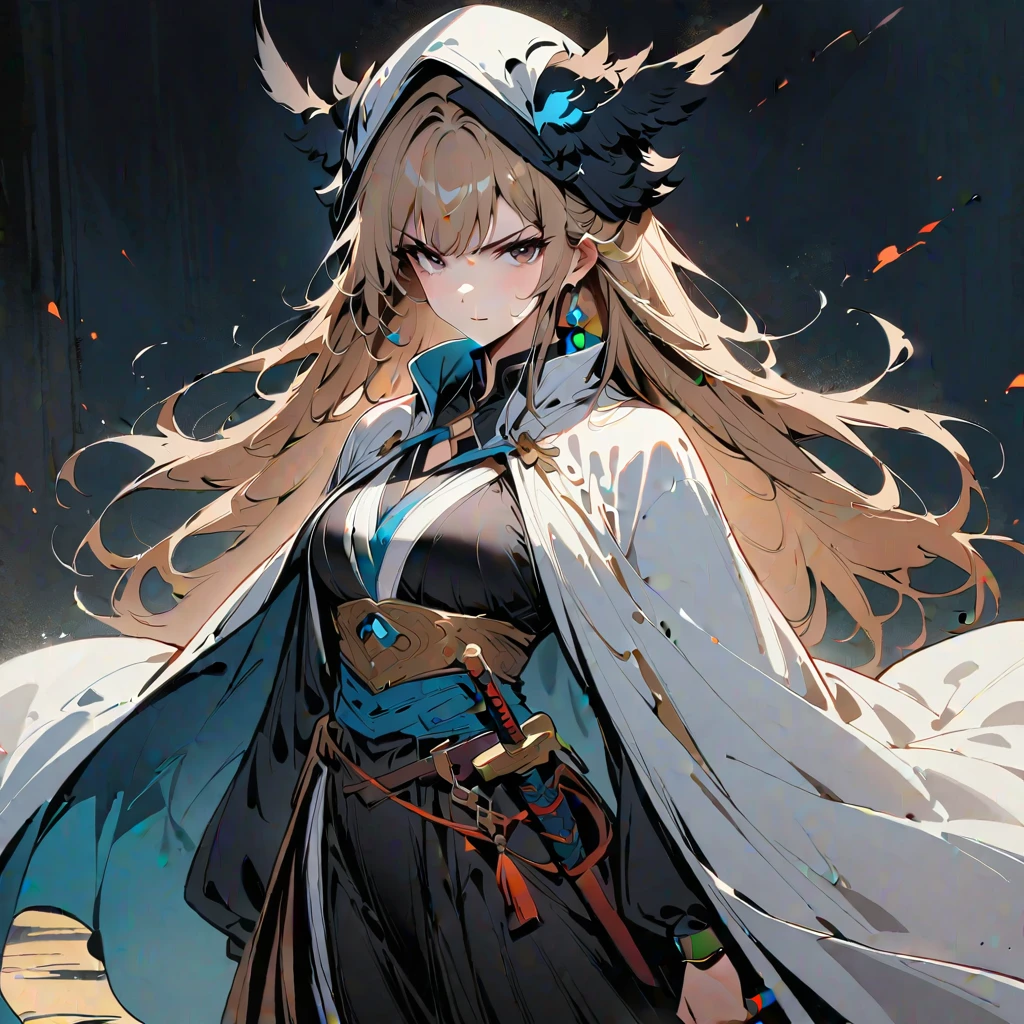 (masterpiece, best quality:1.2), 1girl, solo,anime style,with a cloak on his head,sword