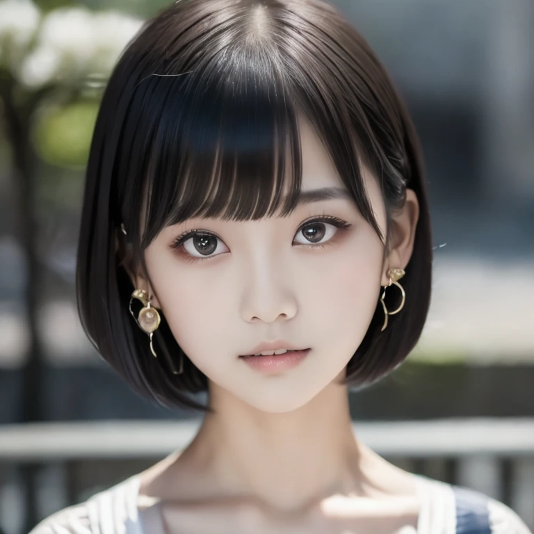 (masterpiece, best quality:1.2), Masterpiece, Best-quality, RAW-photo, Ultra-High-Resolution, Photorealistic, 1girl, solo, (maiko, Round face, Black hair, Black eyes, Moist eyes, Shining eyes, Short bob cut, Bangs, Down-slating eyebrows, one little earring, Light blush),