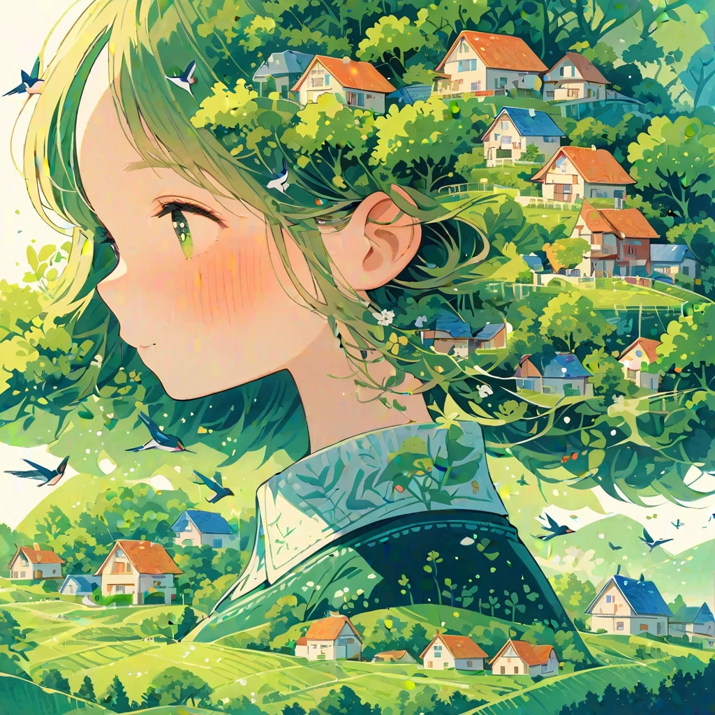 (masterpiece, best quality:1.2),equinox girl, 1girl, solo，The girl's head is decorated with whimsical illustrations of houses, swallows, trees and hills in green tones, evoking the charm of a charming rural landscape. The background blends in with her hair, exuding an air of tranquility and creating a harmonious composition that captures the beauty of nature. The illustration symbolizes the harmony between humans and the environment, focusing on the face.