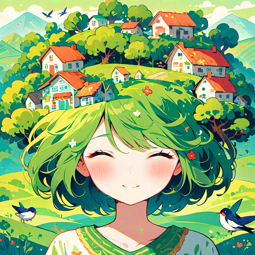 (masterpiece, best quality:1.2),equinox girl, 1girl, solo，The girl's head is decorated with whimsical illustrations of houses, swallows, trees and hills in green tones, evoking the charm of a charming rural landscape. The background blends in with her hair, exuding an air of tranquility and creating a harmonious composition that captures the beauty of nature. The illustration symbolizes the harmony between humans and the environment, focusing on the face.