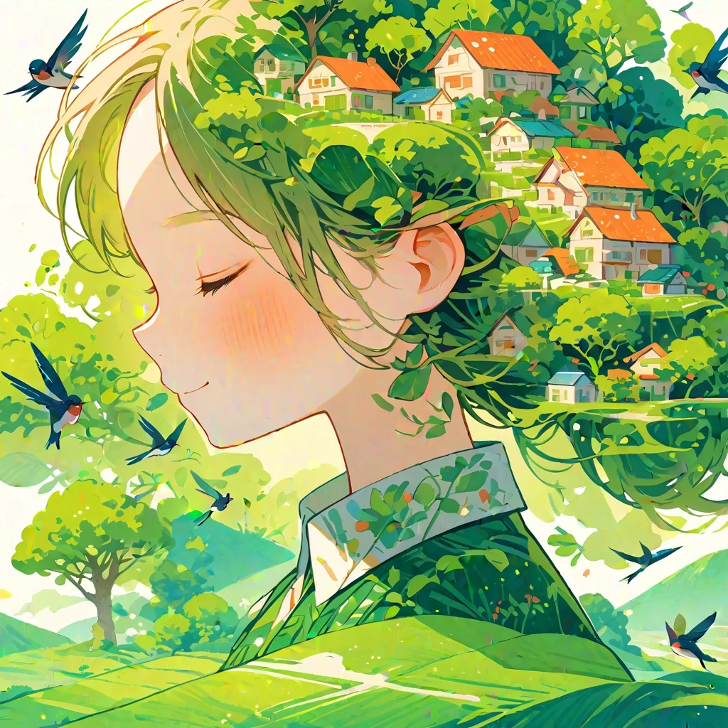 (masterpiece, best quality:1.2),equinox girl, 1girl, solo,The girl's head is decorated with whimsical illustrations of houses, swallows, trees and hills in green tones, evoking the charm of a charming rural landscape. The background blends in with her hair, exuding an air of tranquility and creating a harmonious composition that captures the beauty of nature. The illustration symbolizes the harmony between humans and the environment, focusing on the face.