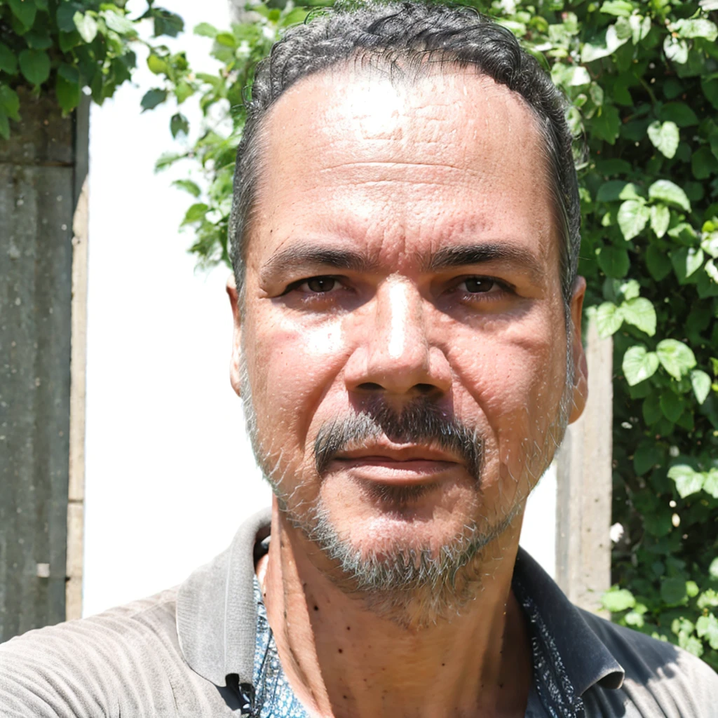 close-up, 50yo man (short hair, facial hair), gray T-shirt, in a beautiful garden, lookig at viewer, (masterpiece, best quality:1.2), realistic, photorealistic, HDR, 8K, 16K, solo