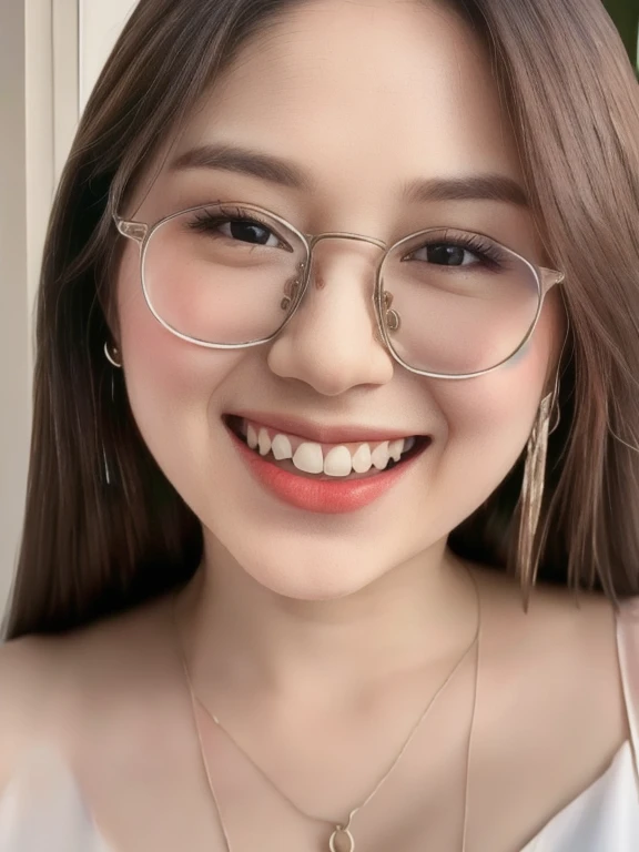 (realistic、masterpiece、Best Quality、8K、highres、high resolution:1.3)、1 glasses girl、smile, Huge breasts、white bikini、pale white skin、looking at viewers、super fine face and eyes、long hair、indoor、 upper body、
