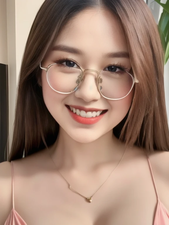 (realistic、masterpiece、Best Quality、8K、highres、high resolution:1.3)、1 glasses girl、smile, Huge breasts、white bikini、pale white skin、looking at viewers、super fine face and eyes、long hair、indoor、 upper body、