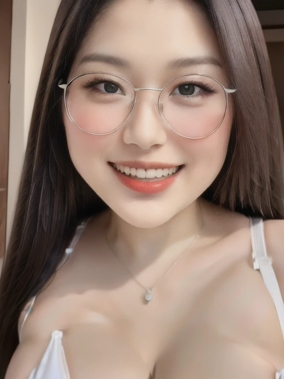 (realistic、masterpiece、Best Quality、8K、highres、high resolution:1.3)、1 glasses girl、smile, Huge breasts、white bikini、pale white skin、looking at viewers、super fine face and eyes、long hair、indoor、 upper body、