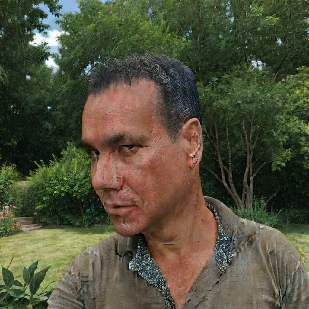 close-up, 50yo man (short hair), gray T-shirt, in a beautiful garden, lookig at viewer, (masterpiece, best quality:1.2), realistic, photorealistic, HDR, 8K, 16K, solo