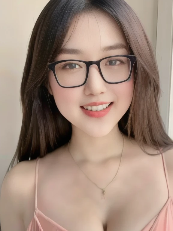 (realistic、masterpiece、Best Quality、8K、highres、high resolution:1.3)、1 glasses girl、smile, Huge breasts、white bikini、pale white skin、looking at viewers、super fine face and eyes、long hair、indoor、 upper body、