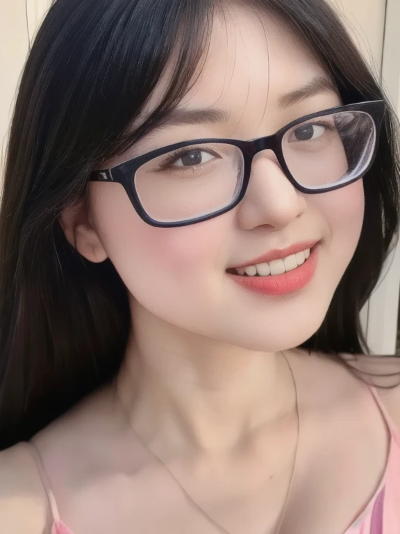 (realistic、masterpiece、Best Quality、8K、highres、high resolution:1.3)、1 glasses girl、smile, Huge breasts、white bikini、pale white skin、looking at viewers、super fine face and eyes、long hair、indoor、 upper body、