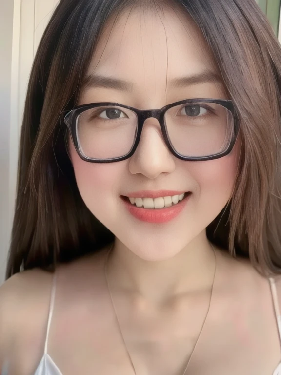 (realistic、masterpiece、Best Quality、8K、highres、high resolution:1.3)、1 glasses girl、smile, Huge breasts、white bikini、pale white skin、looking at viewers、super fine face and eyes、long hair、indoor、 upper body、