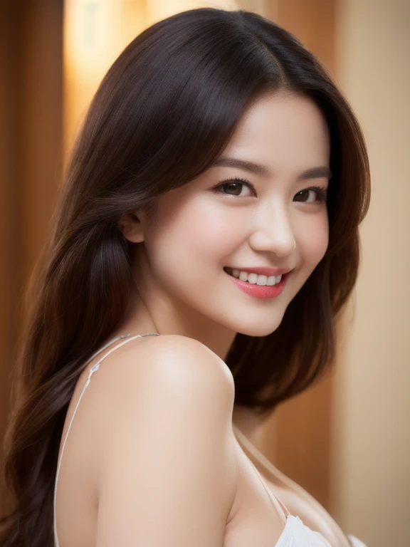(realistic、masterpiece、Best Quality、8K、highres、high resolution:1.3)、1 glasses girl、smile, Huge breasts、white bikini、pale white skin、looking at viewers、super fine face and eyes、long hair、indoor、 upper body、