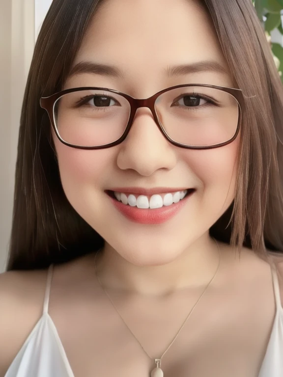 (realistic、masterpiece、Best Quality、8K、highres、high resolution:1.3)、1 glasses girl、Huge breasts、smile、white bikini、pale white skin、looking at viewers、super fine face and eyes、long hair、indoor、 upper body、