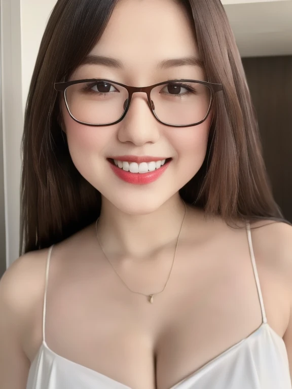 (realistic、masterpiece、Best Quality、8K、highres、high resolution:1.3)、1 glasses girl、Huge breasts、smile、white bikini、pale white skin、looking at viewers、super fine face and eyes、long hair、indoor、 upper body、