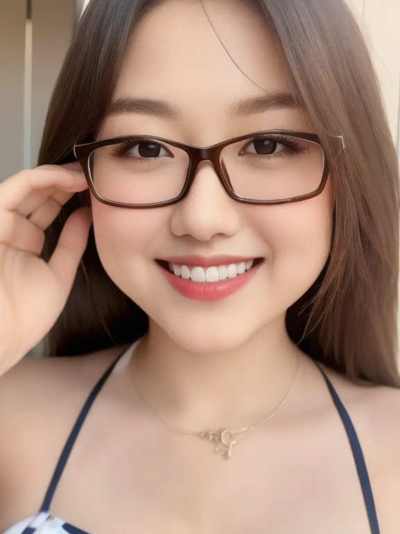 (realistic、masterpiece、Best Quality、8K、highres、high resolution:1.3)、1 glasses girl、Huge breasts、smile、white bikini、pale white skin、looking at viewers、super fine face and eyes、long hair、indoor、 upper body、