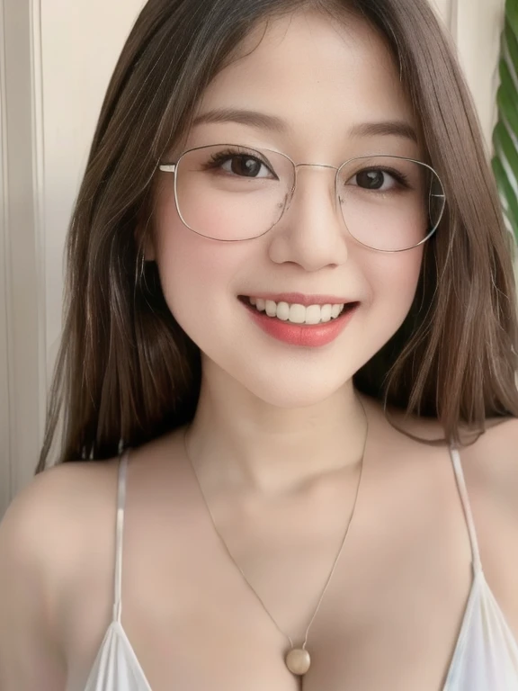 (realistic、masterpiece、Best Quality、8K、highres、high resolution:1.3)、1 glasses girl、Huge breasts、smile, white bikini、pale white skin、looking at viewers、super fine face and eyes、long hair、indoor、 upper body、