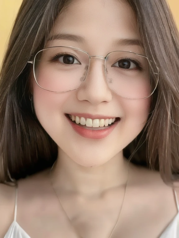 (realistic、masterpiece、Best Quality、8K、highres、high resolution:1.3)、1 glasses girl、Huge breasts、smile, white bikini、pale white skin、looking at viewers、super fine face and eyes、long hair、indoor、 upper body、