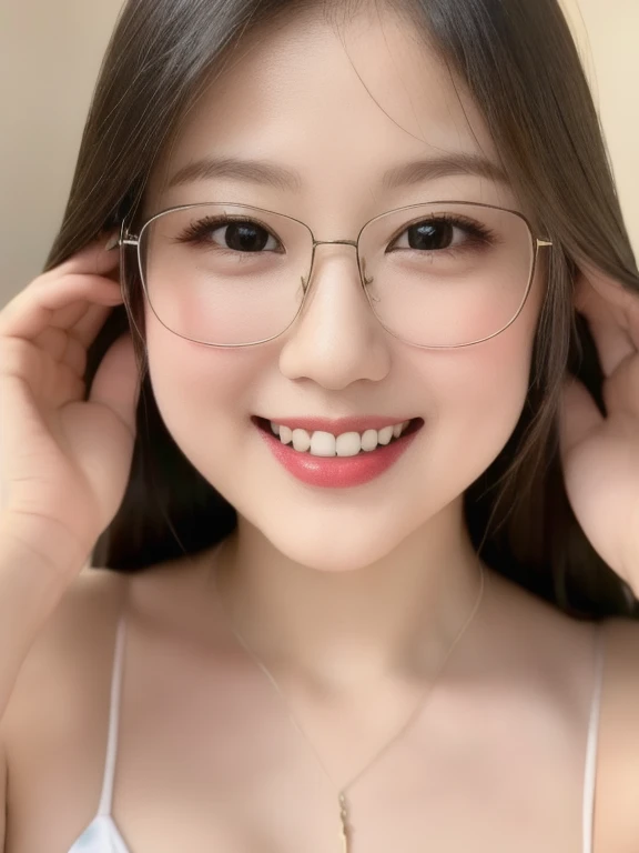 (realistic、masterpiece、Best Quality、8K、highres、high resolution:1.3)、1 glasses girl、Huge breasts、smile, white bikini、pale white skin、looking at viewers、super fine face and eyes、long hair、indoor、 upper body、