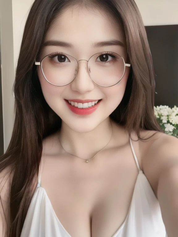 (realistic、masterpiece、Best Quality、8K、highres、high resolution:1.3)、1 glasses girl、Huge breasts、smile, white bikini、pale white skin、looking at viewers、super fine face and eyes、long hair、indoor、 upper body、