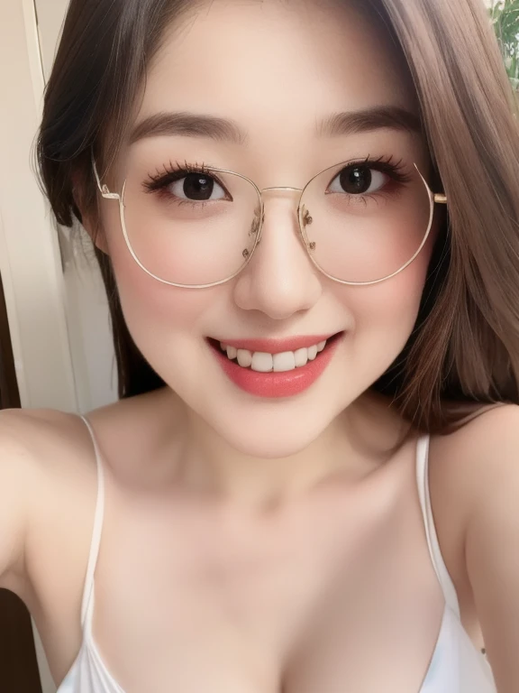(realistic、masterpiece、Best Quality、8K、highres、high resolution:1.3)、1 glasses girl、Huge breasts、smile, white bikini、pale white skin、looking at viewers、super fine face and eyes、long hair、indoor、 upper body、