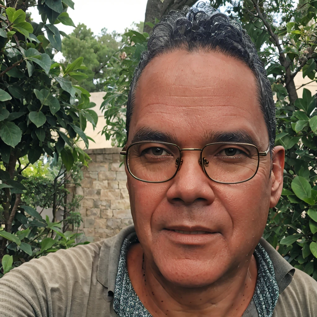 close-up, 50yo man (short hair, eyeglasses), gray T-shirt, in a beautiful garden, lookig at viewer, (masterpiece, best quality:1.2), realistic, photorealistic, HDR, 8K, 16K, solo