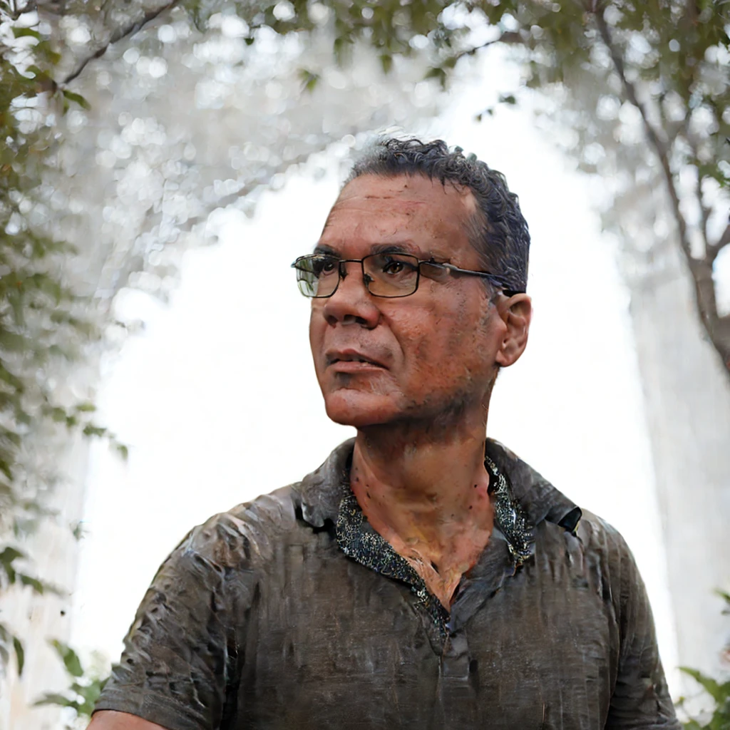 close-up, 50yo man (short hair, eyeglasses), gray T-shirt, in a beautiful garden, lookig at viewer, (masterpiece, best quality:1.2), realistic, photorealistic, HDR, 8K, 16K, solo