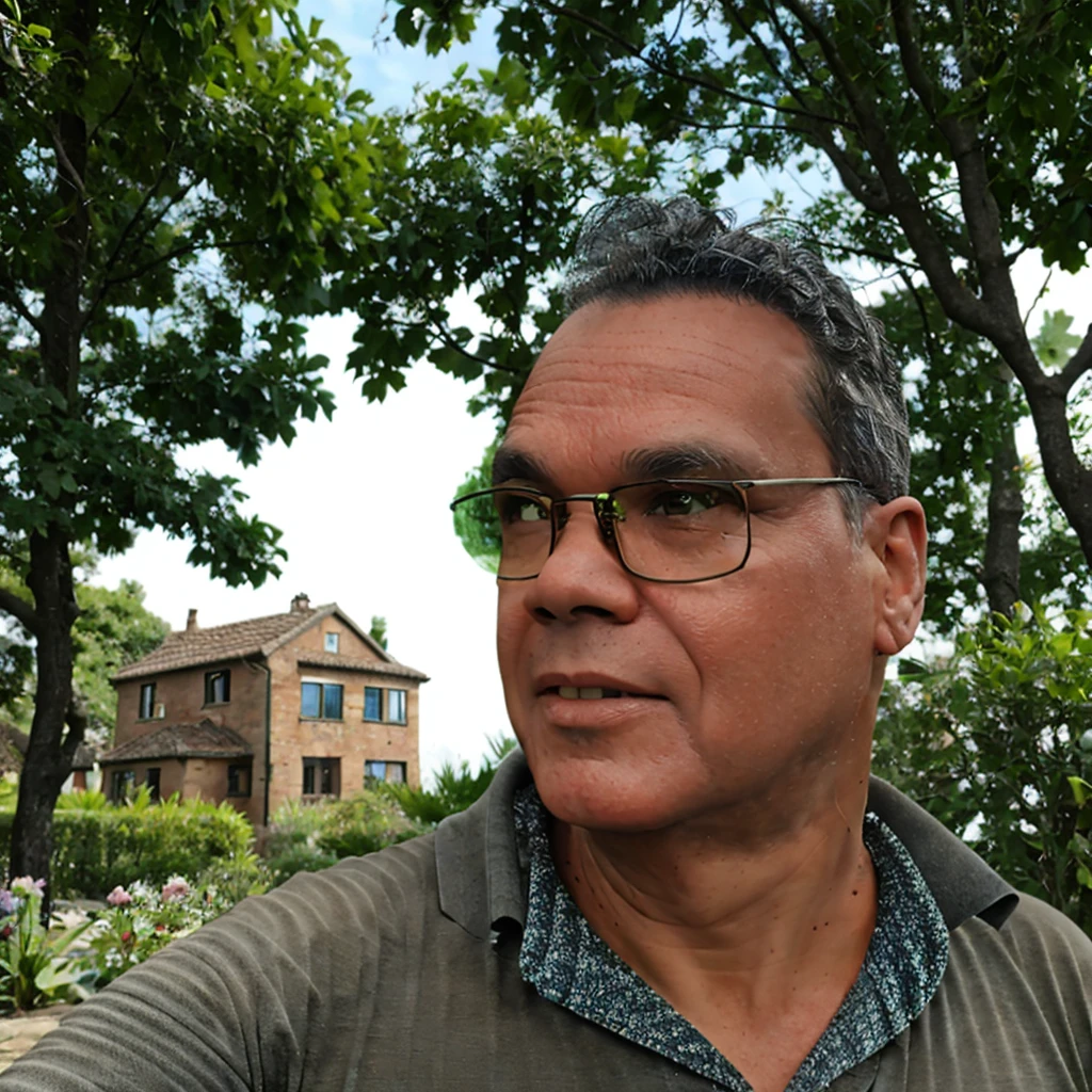 close-up, 50yo man (short hair, eyeglasses), gray T-shirt, in a beautiful garden, lookig at viewer, (masterpiece, best quality:1.2), realistic, photorealistic, HDR, 8K, 16K, solo