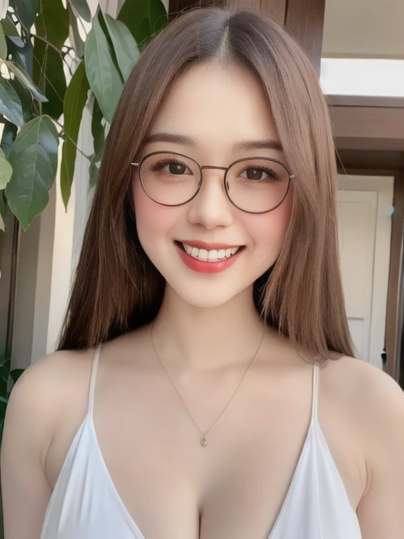 (realistic、masterpiece、Best Quality、8K、highres、high resolution:1.3)、1 glasses girl、Huge breasts、smile, white bikini、smile, pale white skin、looking at viewers、super fine face and eyes、long hair、indoor、 upper body、