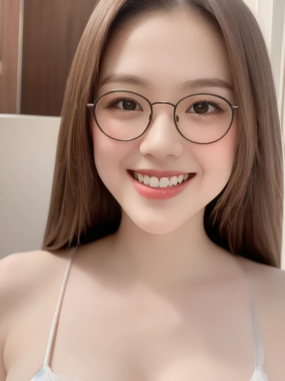 (realistic、masterpiece、Best Quality、8K、highres、high resolution:1.3)、1 glasses girl、Huge breasts、smile, white bikini、smile, pale white skin、looking at viewers、super fine face and eyes、long hair、indoor、 upper body、