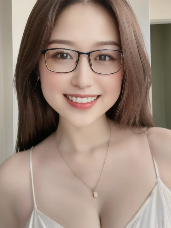 (realistic、masterpiece、Best Quality、8K、highres、high resolution:1.3)、1 glasses girl、smile, Huge breasts、white bikini、pale white skin、looking at viewers、super fine face and eyes、long hair、indoor、 upper body、