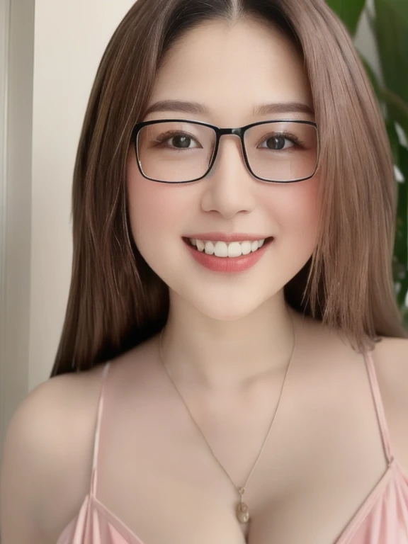 (realistic、masterpiece、Best Quality、8K、highres、high resolution:1.3)、1 glasses girl、smile, Huge breasts、white bikini、pale white skin、looking at viewers、super fine face and eyes、long hair、indoor、 upper body、