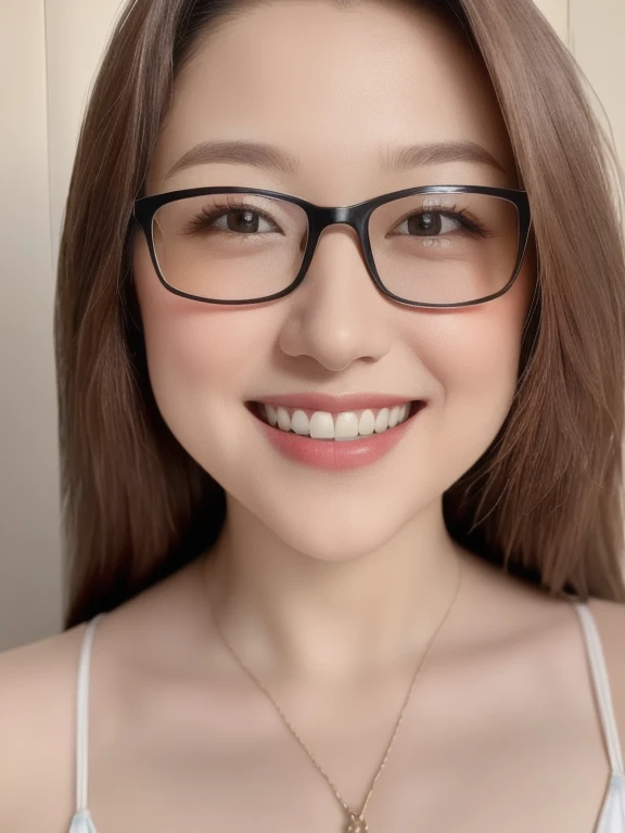 (realistic、masterpiece、Best Quality、8K、highres、high resolution:1.3)、1 glasses girl、smile, Huge breasts、white bikini、pale white skin、looking at viewers、super fine face and eyes、long hair、indoor、 upper body、