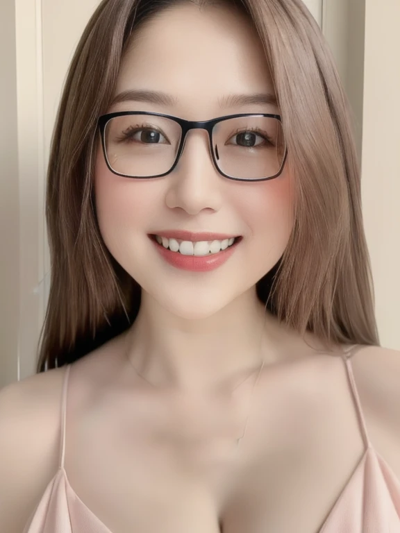 (realistic、masterpiece、Best Quality、8K、highres、high resolution:1.3)、1 glasses girl、smile, Huge breasts、white bikini、pale white skin、looking at viewers、super fine face and eyes、long hair、indoor、 upper body、