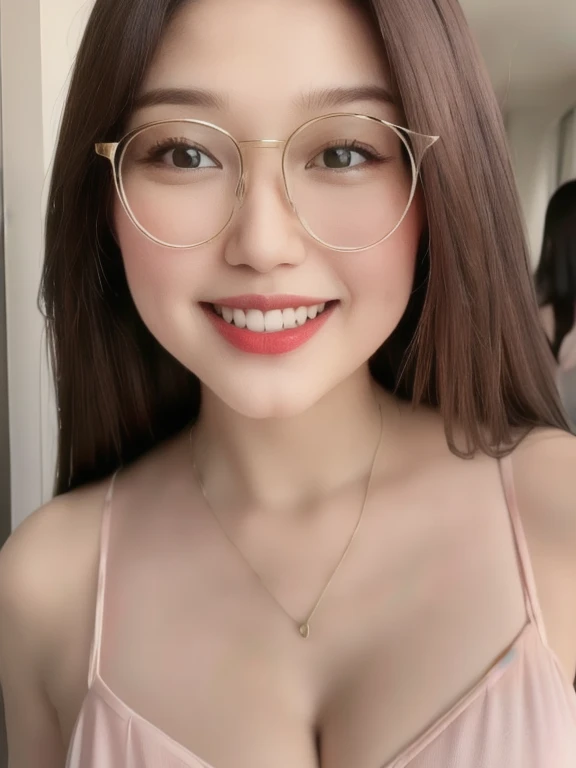 (realistic、masterpiece、Best Quality、8K、highres、high resolution:1.3)、1 glasses girl、smile, Huge breasts、white bikini、pale white skin、looking at viewers、super fine face and eyes、long hair、indoor、 upper body、