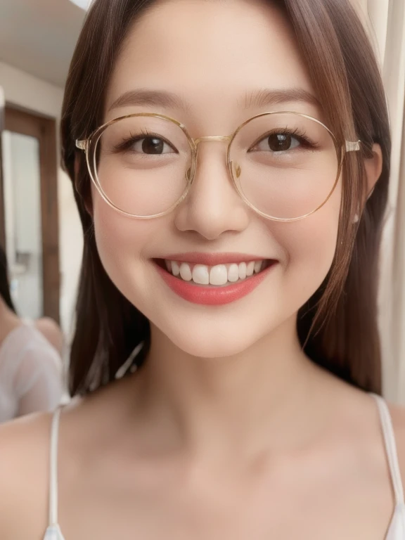 (realistic、masterpiece、Best Quality、8K、highres、high resolution:1.3)、1 glasses girl、smile, Huge breasts、white bikini、pale white skin、looking at viewers、super fine face and eyes、long hair、indoor、 upper body、