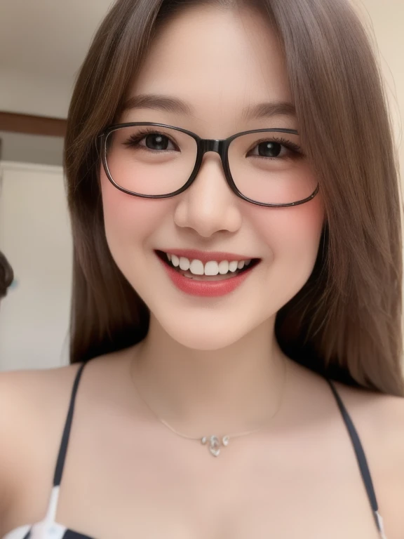 (realistic、masterpiece、Best Quality、8K、highres、high resolution:1.3)、1 glasses girl、smile, Huge breasts、white bikini、pale white skin、looking at viewers、super fine face and eyes、long hair、indoor、 upper body、