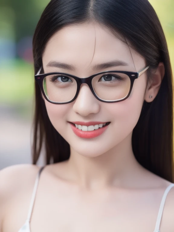 (realistic、masterpiece、Best Quality、8K、highres、high resolution:1.3)、1 glasses girl、smile、Huge breasts、white bikini、pale white skin、looking at viewers、super fine face and eyes、long hair、indoor、 upper body、