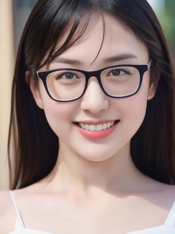 (realistic、masterpiece、Best Quality、8K、highres、high resolution:1.3)、1 glasses girl、smile、Huge breasts、white bikini、pale white skin、looking at viewers、super fine face and eyes、long hair、indoor、 upper body、