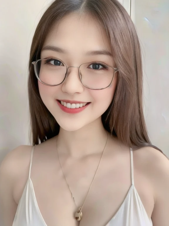 (realistic、masterpiece、Best Quality、8K、highres、high resolution:1.3)、1 glasses girl、smile、Huge breasts、white bikini、pale white skin、looking at viewers、super fine face and eyes、long hair、indoor、 upper body、