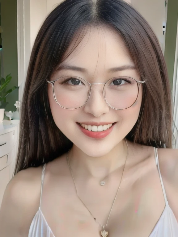 (realistic、masterpiece、Best Quality、8K、highres、high resolution:1.3)、1 glasses girl、Huge breasts、smile, white bikini、pale white skin、looking at viewers、super fine face and eyes、long hair、indoor、 upper body、