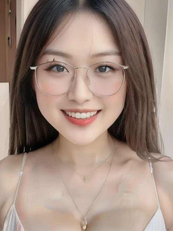 (realistic、masterpiece、Best Quality、8K、highres、high resolution:1.3)、1 glasses girl、Huge breasts、smile, white bikini、pale white skin、looking at viewers、super fine face and eyes、long hair、indoor、 upper body、