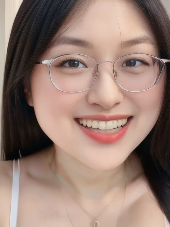 (realistic、masterpiece、Best Quality、8K、highres、high resolution:1.3)、1 glasses girl、Huge breasts、smile, white bikini、pale white skin、looking at viewers、super fine face and eyes、long hair、indoor、 upper body、