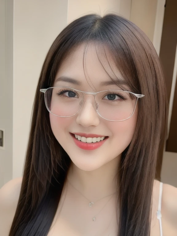 (realistic、masterpiece、Best Quality、8K、highres、high resolution:1.3)、1 glasses girl、Huge breasts、smile, white bikini、pale white skin、looking at viewers、super fine face and eyes、long hair、indoor、 upper body、