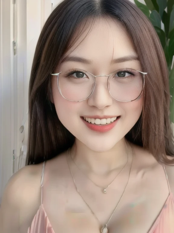 (realistic、masterpiece、Best Quality、8K、highres、high resolution:1.3)、1 glasses girl、Huge breasts、smile, white bikini、pale white skin、looking at viewers、super fine face and eyes、long hair、indoor、 upper body、