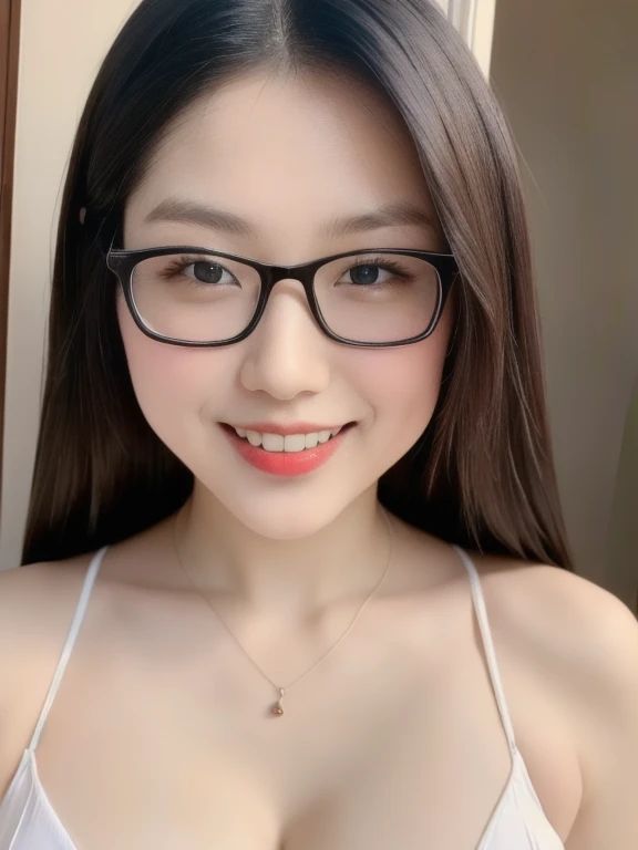 (realistic、masterpiece、Best Quality、8K、highres、high resolution:1.3)、1 glasses girl、Huge breasts、smile, white bikini、pale white skin、looking at viewers、super fine face and eyes、long hair、indoor、 upper body、