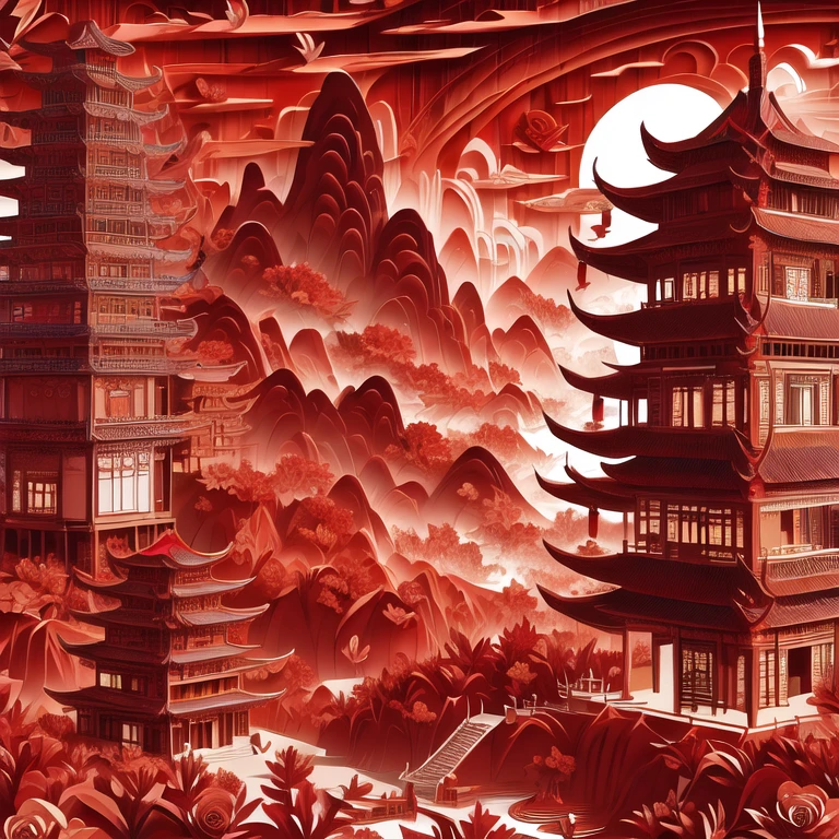 PaperCarving,architecture,building,castle,clock tower,east asian architecture,feathers,flower,leaf,oil-paper umbrella,pagoda,petals,red flower,red rose,red sky,red theme,rose,rose petals,scarlet devil mansion,stairs,tower