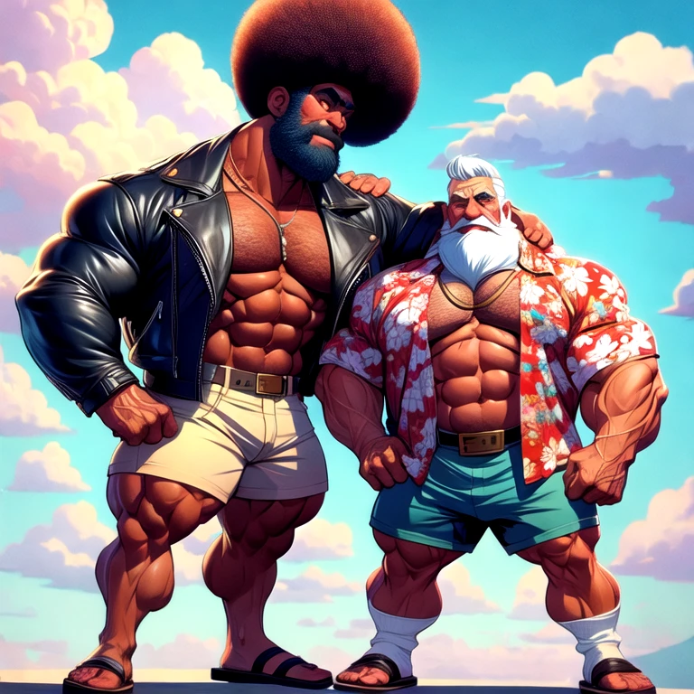 (masterpiece, best quality:1.2), 2boys, a huge muscular old man bearded holding a man with afro hair in shoulder, a man sitting in shoulder