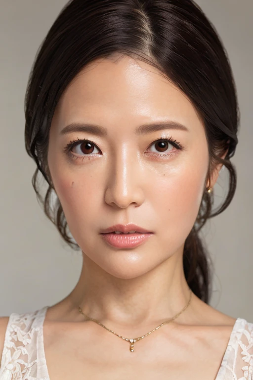 High resolution, High level image quality, high detail, masterpiece, anatomically correct, sharp, gray background((japanese mature, 40 years old)), solo, ((facial wrinkles)), good shape big breasts, Straight light brown hair that reaches to the shoulders, (((stand upright, facing the center of the screen.))), Close your mouth and look straight ahead with a serious face, Sheer leotard, ((cowboy shot))