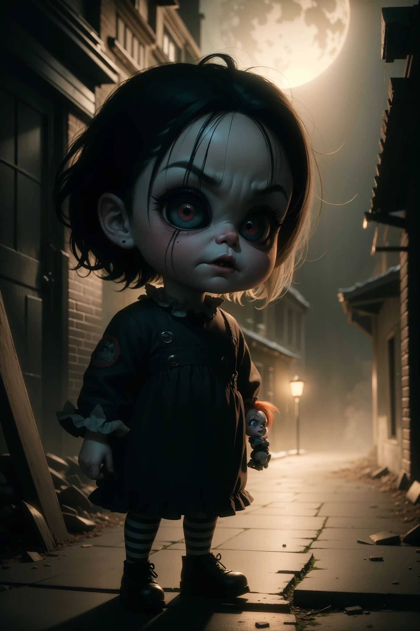 Title: Chucky's Enigmatic Night Stroll - A Tim Burtonesque Illustration

Basking in the ethereal moon glow, Chucky, the notorious doll, emerges from the shadows of an eerie, fog-laden street. His creeping presence is a testament to Tim Burton's signature style, where the grotesque and enchanting come together in perfect harmony. defeating their enemies.

The once-adorable porcelain face of Chucky has been marred by time, revealing cracks and fissures that give the doll an ominous, yet oddly endearing, charm. His distorted, oversized eyes, hollow