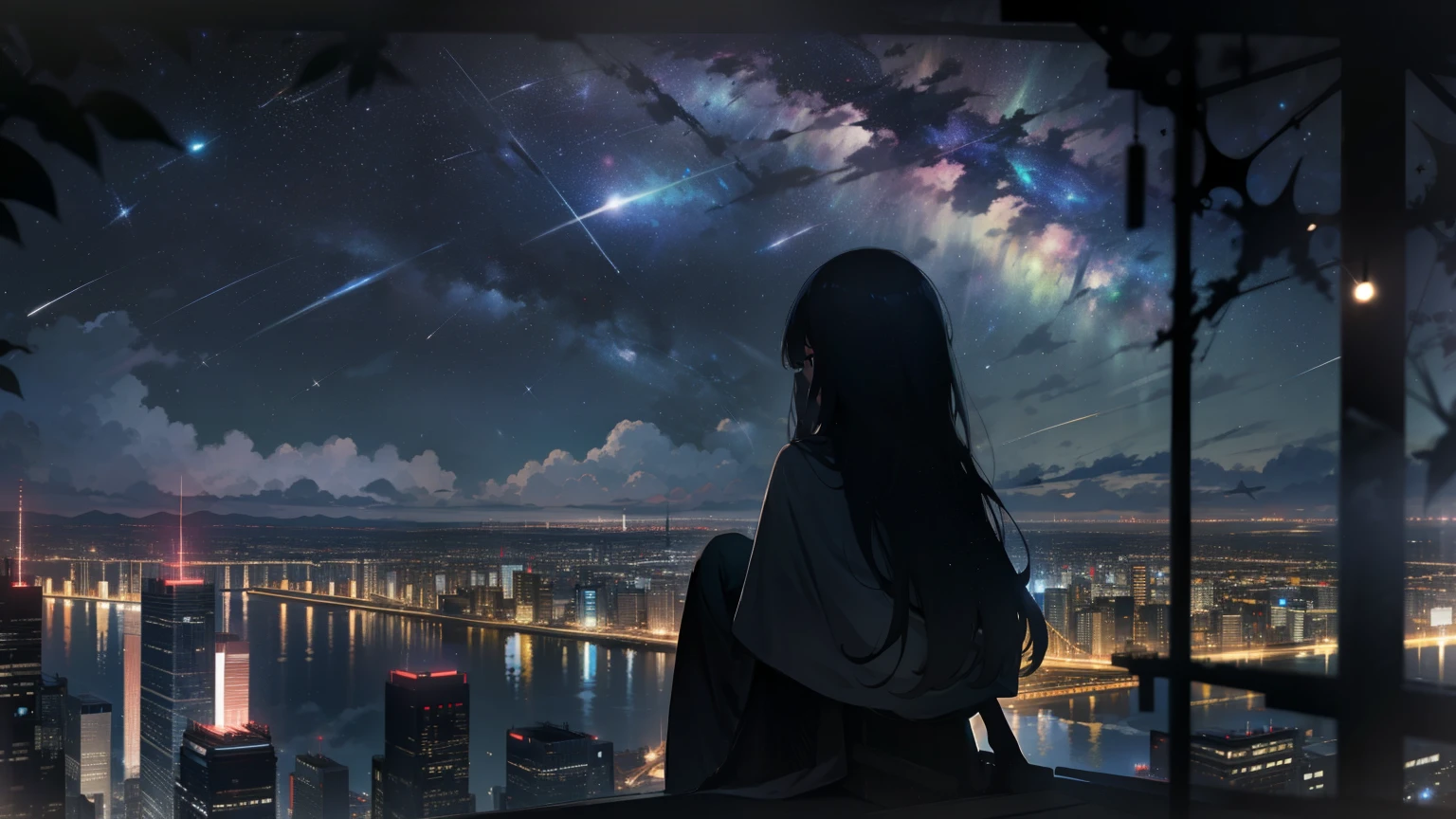 null, star (null), scenery, starry null, night, 1 girl, night null, alone, outdoor, building, cloud, milky way, sitting, wood, long hair, city, silhouette, cityscape